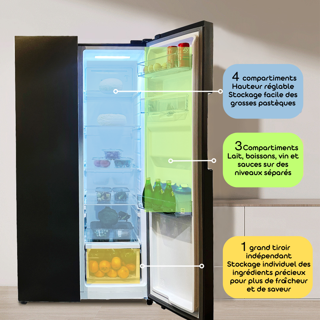 LINARIE | Réfrigérateur/Congélateur  444L Porte Noire Brillante Côte-à-Côte No Frost  Lechaud LSSBS460WBK