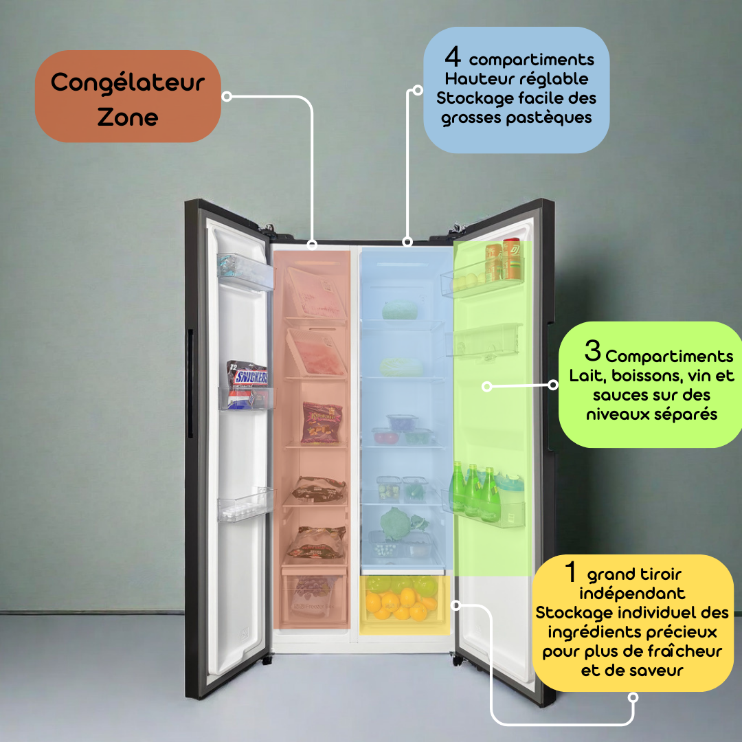 LINARIE | Réfrigérateur/Congélateur  444L Porte Noire Brillante Côte-à-Côte No Frost  Lechaud LSSBS460WS