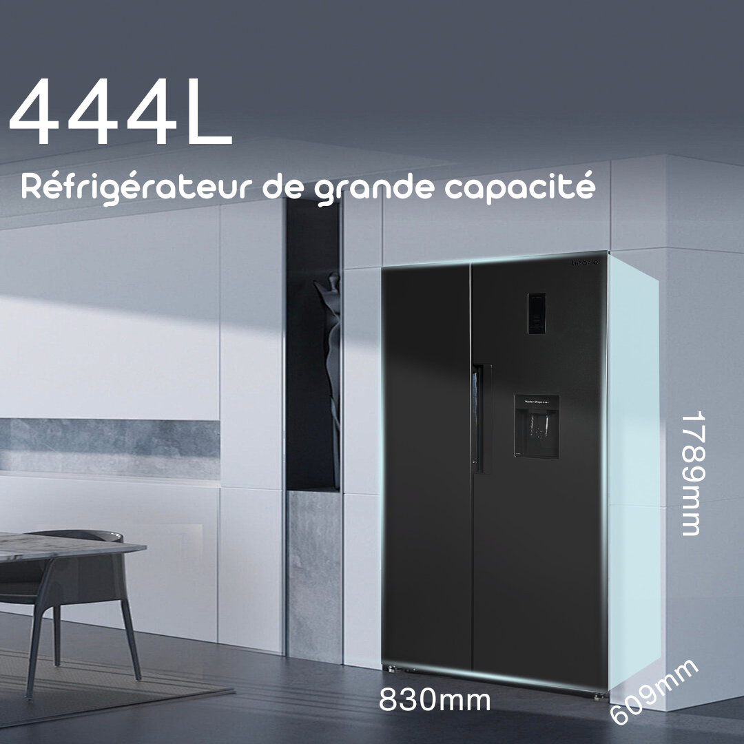 LINARIE | Réfrigérateur/Congélateur  444L Porte Noire Brillante Côte-à-Côte No Frost  Lechaud LSSBS460WBK
