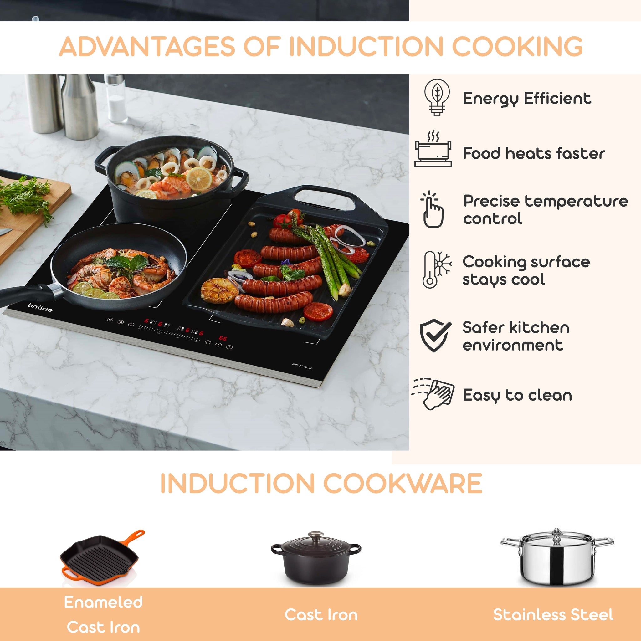 LINARIE | Table de cuisson à induction Dijon 60 cm 4 zones avec double zone flexible LS60I2F