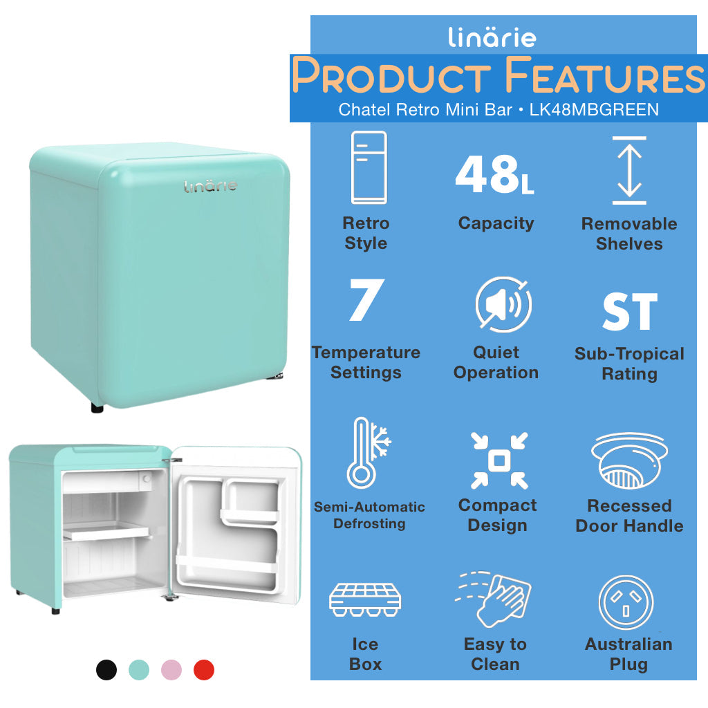 LINARIE | Chatel Mini réfrigérateur rétro vert 48L avec compartiment congélateur intégré LK48MBGREEN
