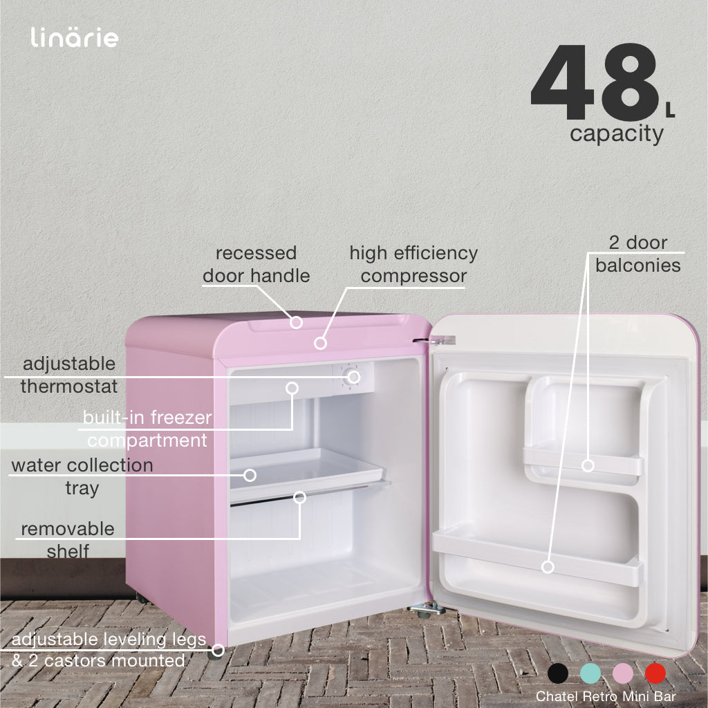 LINARIE | Chatel Mini réfrigérateur rétro rose 48L avec compartiment congélateur intégré LK48MBPINK