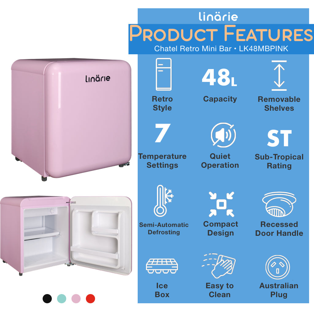 LINARIE | Chatel Mini réfrigérateur rétro rose 48L avec compartiment congélateur intégré LK48MBPINK