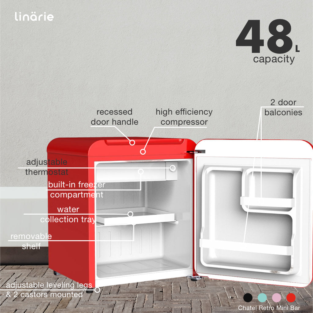 LINARIE | Chatel Mini réfrigérateur rétro rouge 48L avec compartiment congélateur intégré LK48MBRED