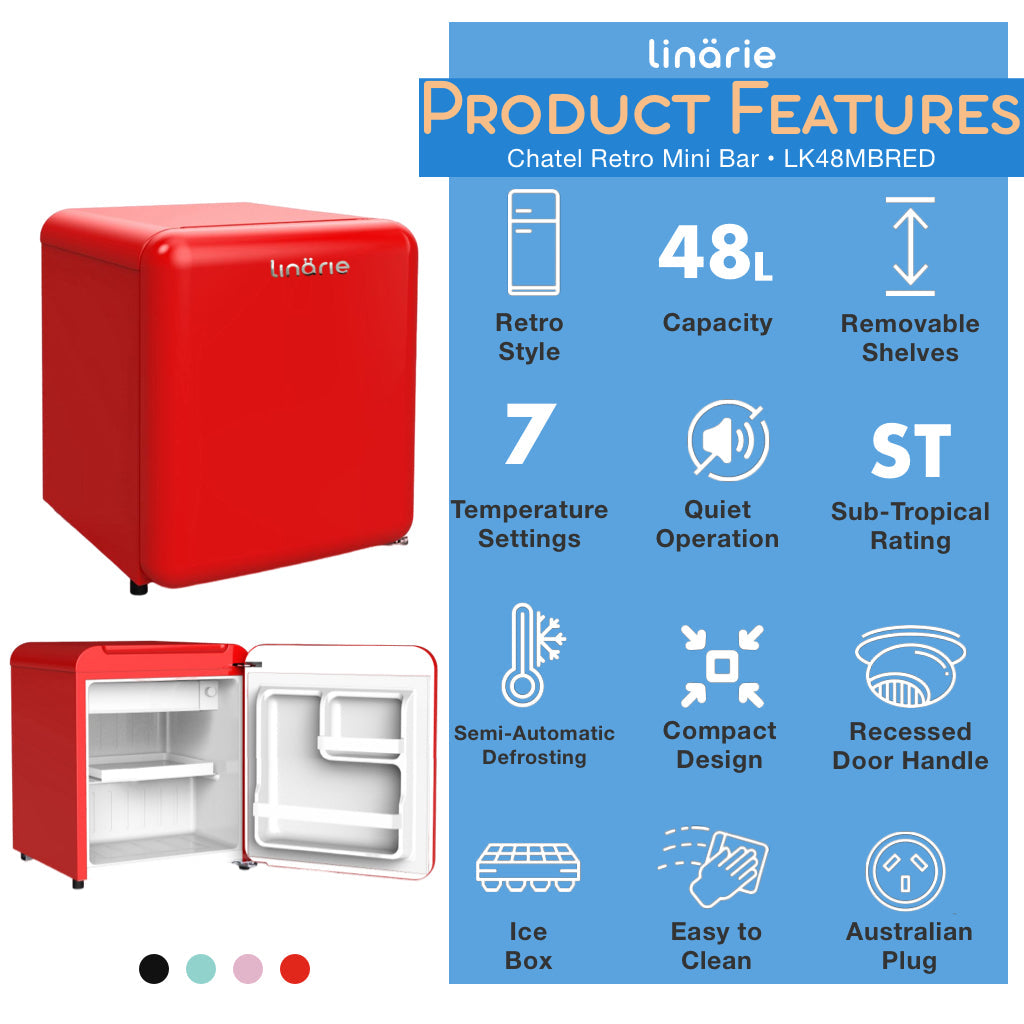 LINARIE | Chatel Mini réfrigérateur rétro rouge 48L avec compartiment congélateur intégré LK48MBRED