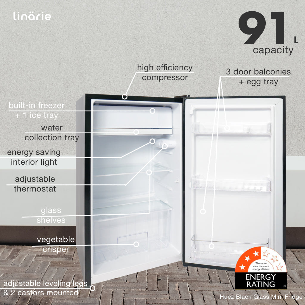 LINARIE | Mini réfrigérateur Huez 91L en verre noir avec compartiment congélateur intégré LK90TTBG