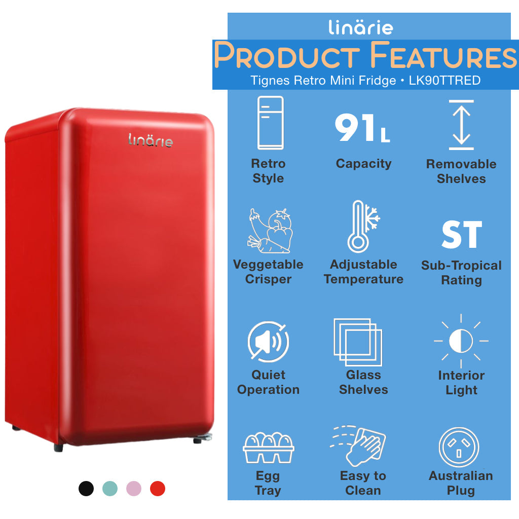 LINARIE | Tignes Mini Réfrigérateur Rétro 91L Rouge avec Compartiment Congélateur Intégré LK90TTRED