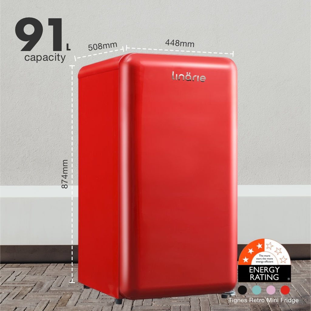 LINARIE | Tignes Mini Réfrigérateur Rétro 91L Rouge avec Compartiment Congélateur Intégré LK90TTRED