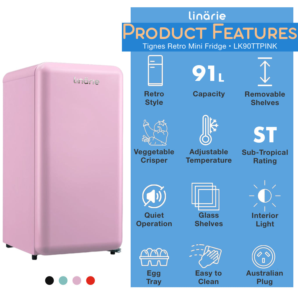 LINARIE | Tignes Mini Réfrigérateur Rétro 91L Rose avec Compartiment Congélateur Intégré LK90TTPINK